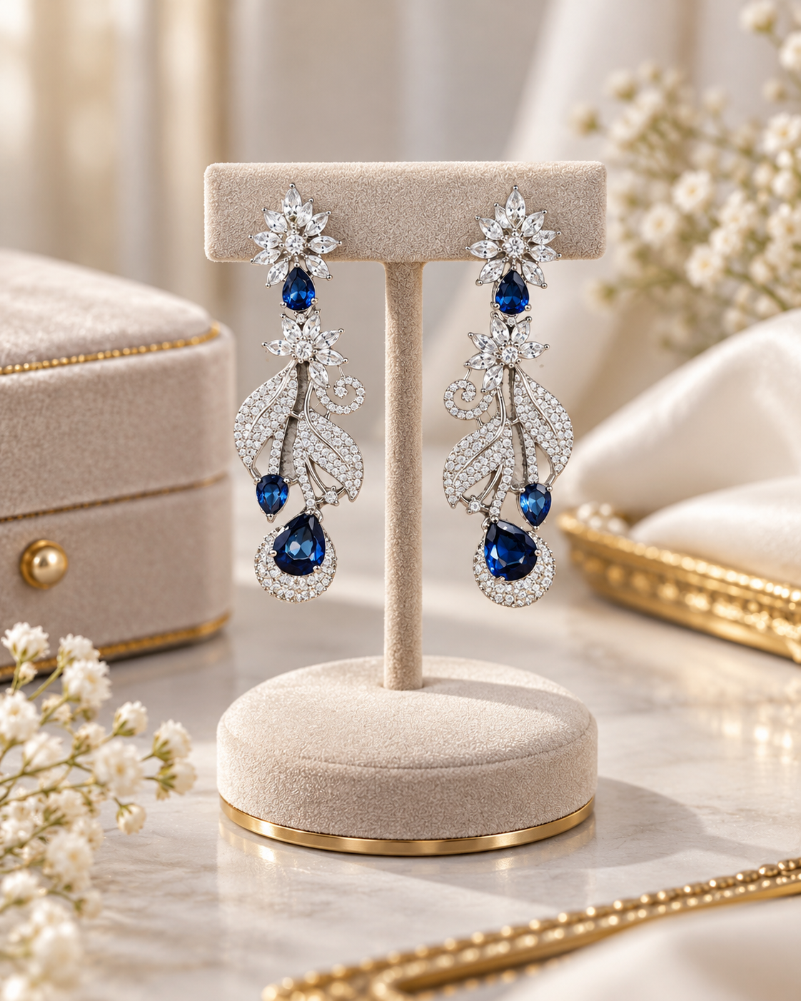 Sapphire Blue Floral Leaf Dangle Earrings